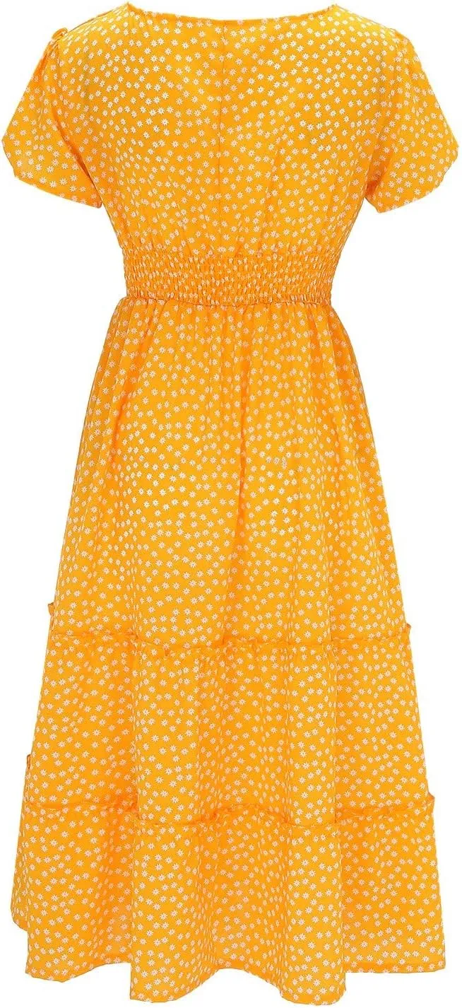 Womens Boho Summer Dress Casual V Neck Short Sleeve Floral Print Tiered Ruffle Maxi Beach Sundress with Pockets