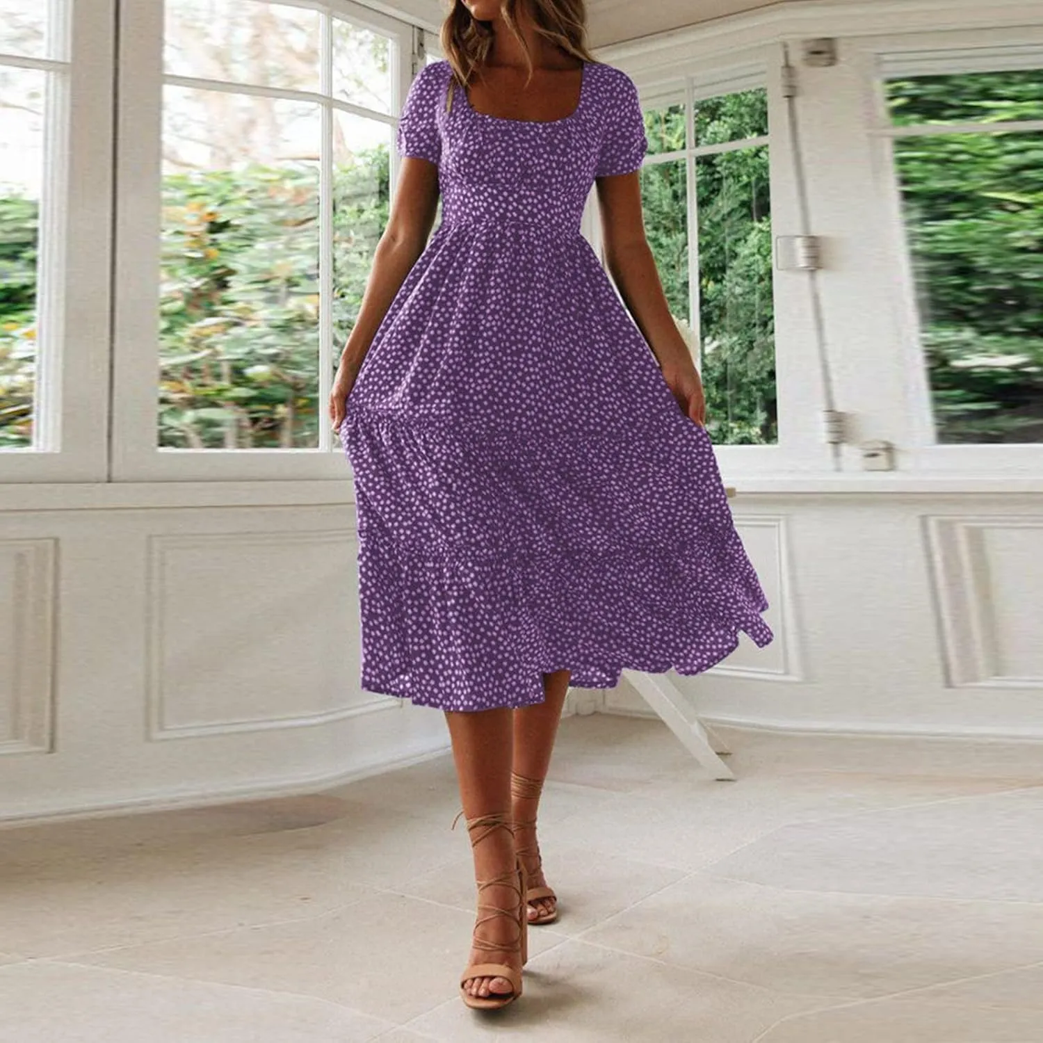 Womens Boho Summer Dress Casual V Neck Short Sleeve Floral Print Tiered Ruffle Maxi Beach Sundress with Pockets
