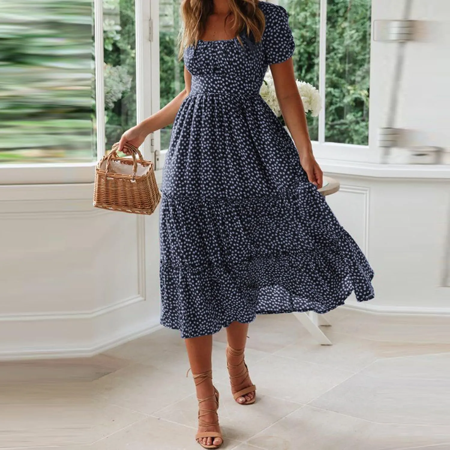 Womens Boho Summer Dress Casual V Neck Short Sleeve Floral Print Tiered Ruffle Maxi Beach Sundress with Pockets