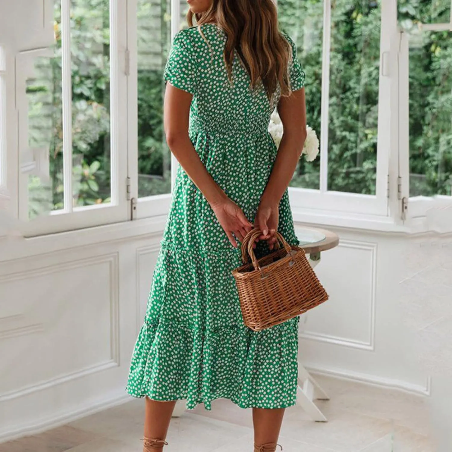 Womens Boho Summer Dress Casual V Neck Short Sleeve Floral Print Tiered Ruffle Maxi Beach Sundress with Pockets