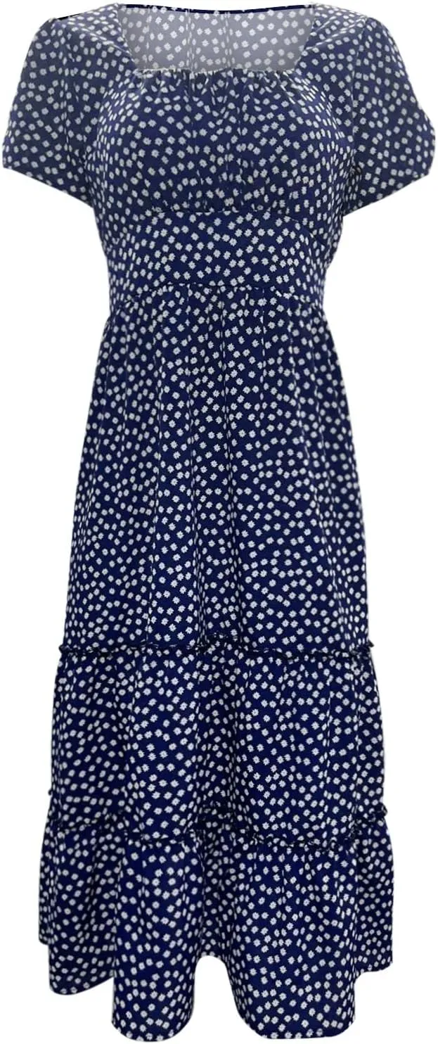 Womens Boho Summer Dress Casual V Neck Short Sleeve Floral Print Tiered Ruffle Maxi Beach Sundress with Pockets