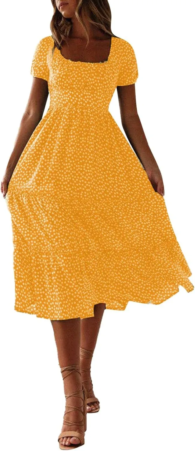 Womens Boho Summer Dress Casual V Neck Short Sleeve Floral Print Tiered Ruffle Maxi Beach Sundress with Pockets