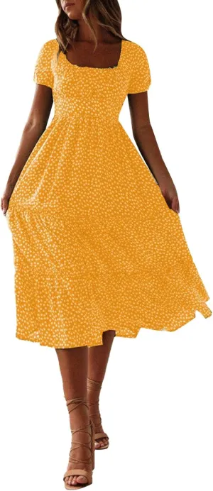 Womens Boho Summer Dress Casual V Neck Short Sleeve Floral Print Tiered Ruffle Maxi Beach Sundress with Pockets