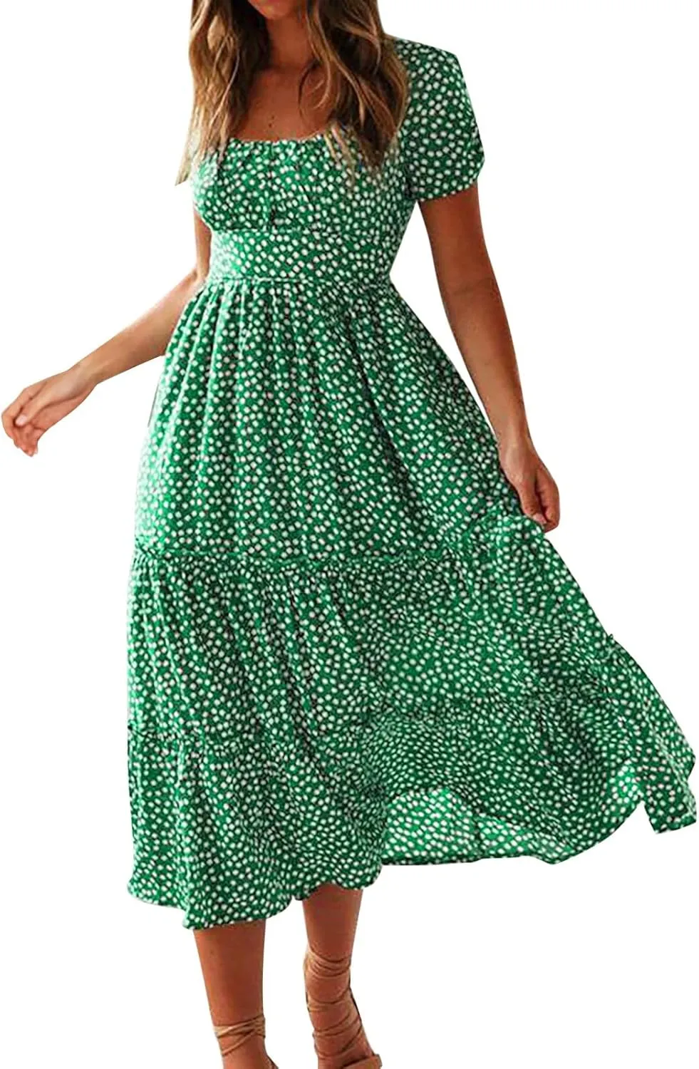 Womens Boho Summer Dress Casual V Neck Short Sleeve Floral Print Tiered Ruffle Maxi Beach Sundress with Pockets