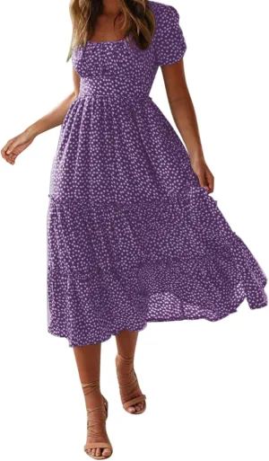 Womens Boho Summer Dress Casual V Neck Short Sleeve Floral Print Tiered Ruffle Maxi Beach Sundress with Pockets