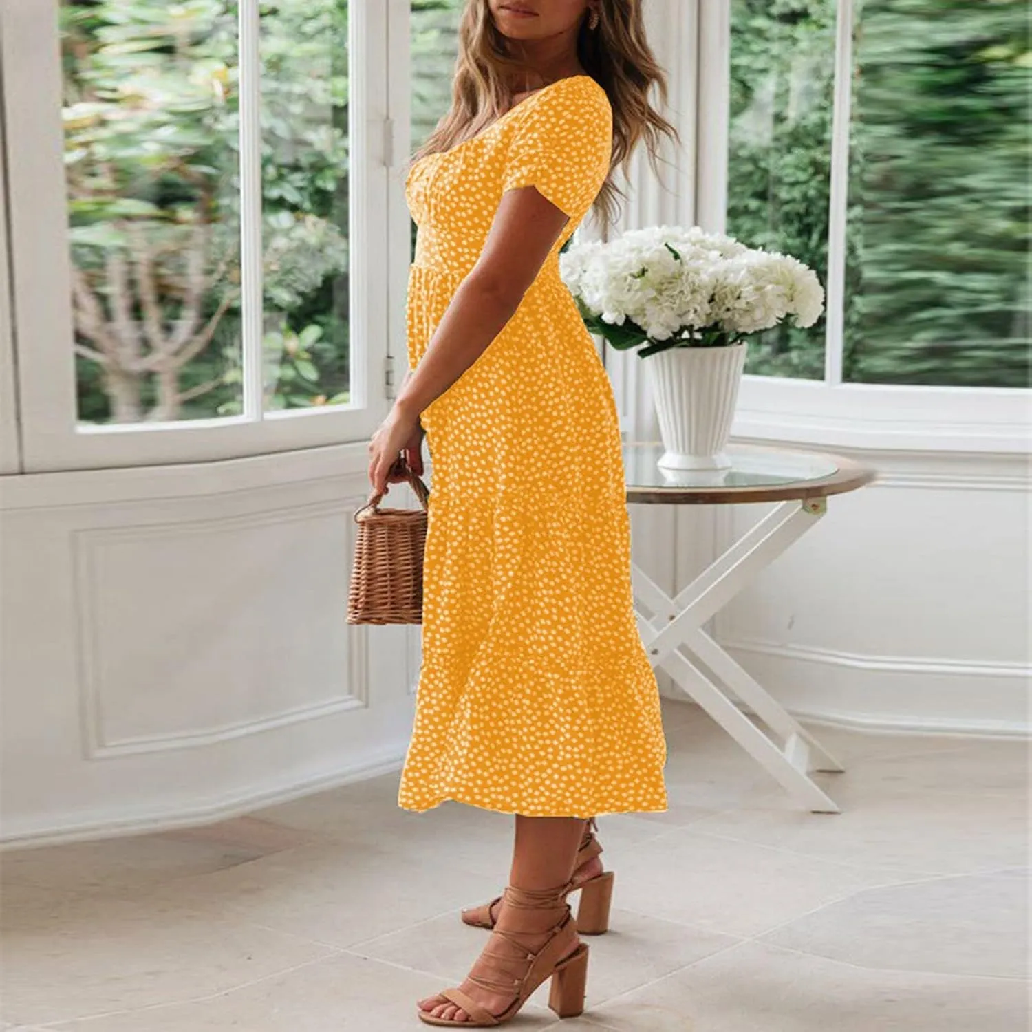 Womens Boho Summer Dress Casual V Neck Short Sleeve Floral Print Tiered Ruffle Maxi Beach Sundress with Pockets