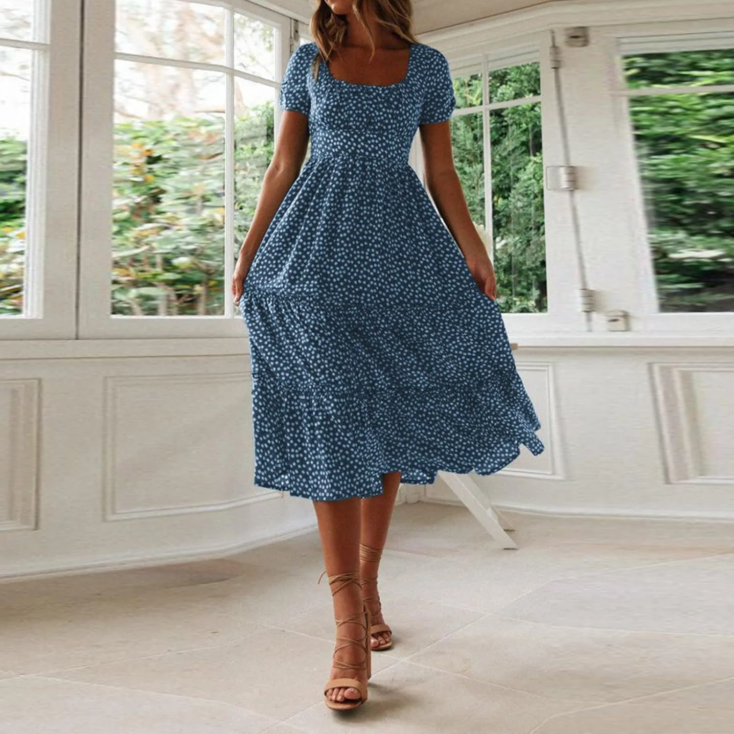 Womens Boho Summer Dress Casual V Neck Short Sleeve Floral Print Tiered Ruffle Maxi Beach Sundress with Pockets