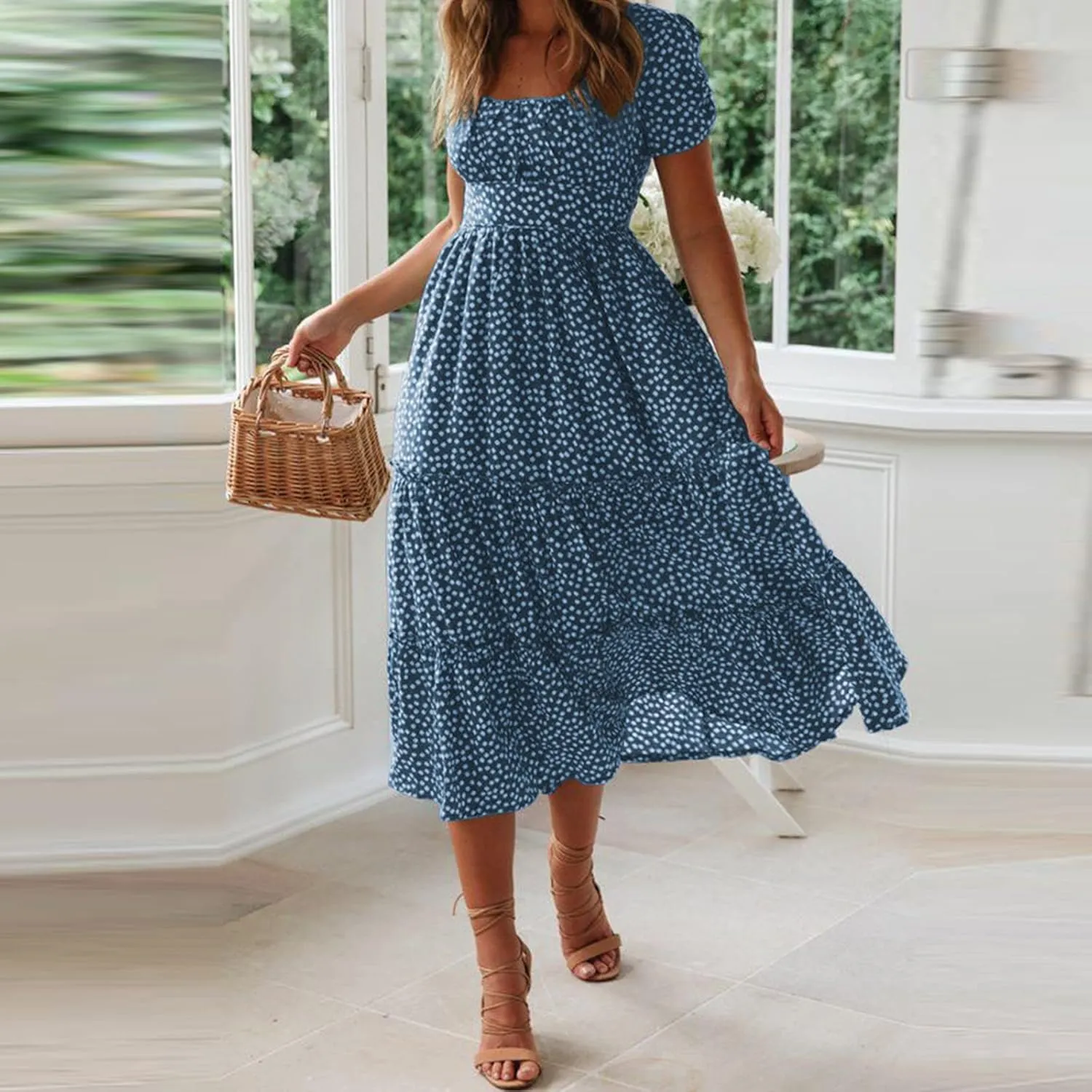 Womens Boho Summer Dress Casual V Neck Short Sleeve Floral Print Tiered Ruffle Maxi Beach Sundress with Pockets