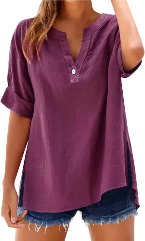 Women's Button Decor Shirt Cotton Linen Solid Short Sleeve 2025 Summer Trendy Oversize Casual Office Blouse V Neck Top