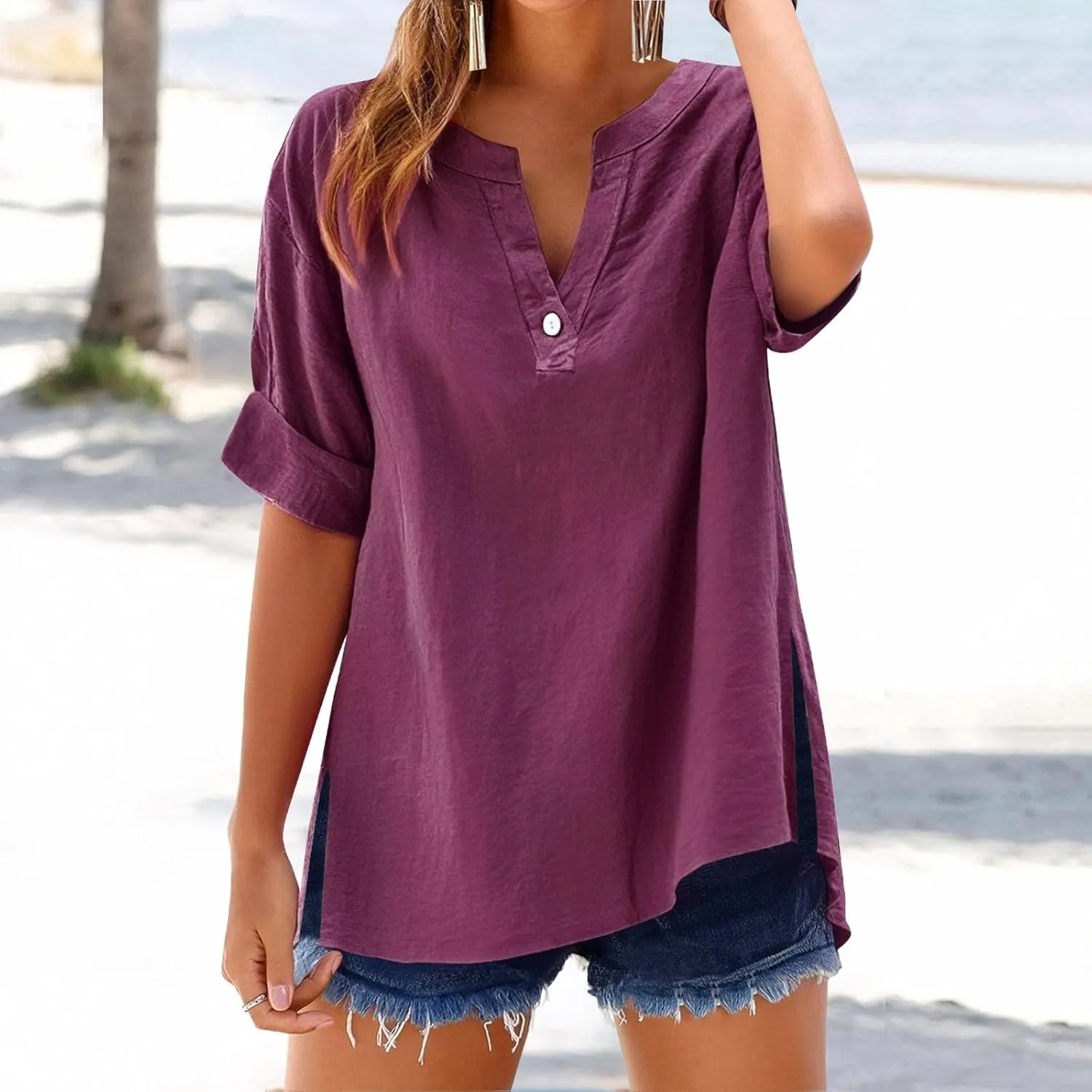 Women's Button Decor Shirt Cotton Linen Solid Short Sleeve 2025 Summer Trendy Oversize Casual Office Blouse V Neck Top