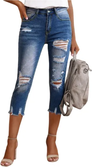 Womens Capri Jeans Ripped High Waisted Summer Skinny Leg Jeans with Pockets 2025 Casual Raw Hem Distressed Denim Pants