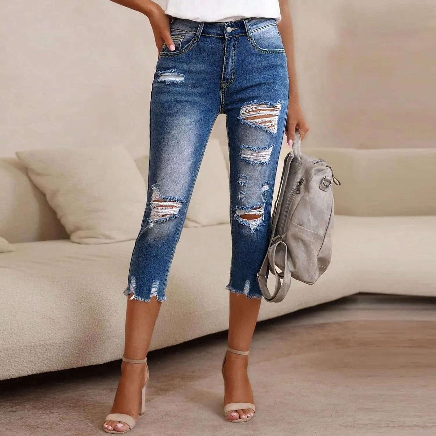 Womens Capri Jeans Ripped High Waisted Summer Skinny Leg Jeans with Pockets 2025 Casual Raw Hem Distressed Denim Pants