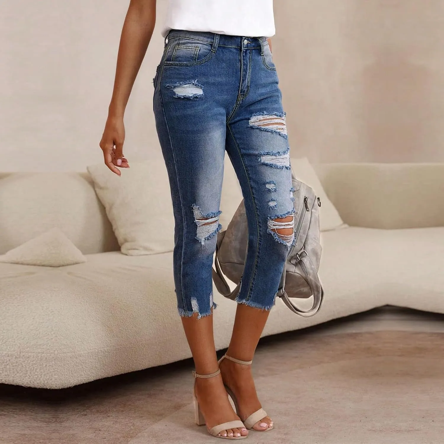 Womens Capri Jeans Ripped High Waisted Summer Skinny Leg Jeans with Pockets 2025 Casual Raw Hem Distressed Denim Pants
