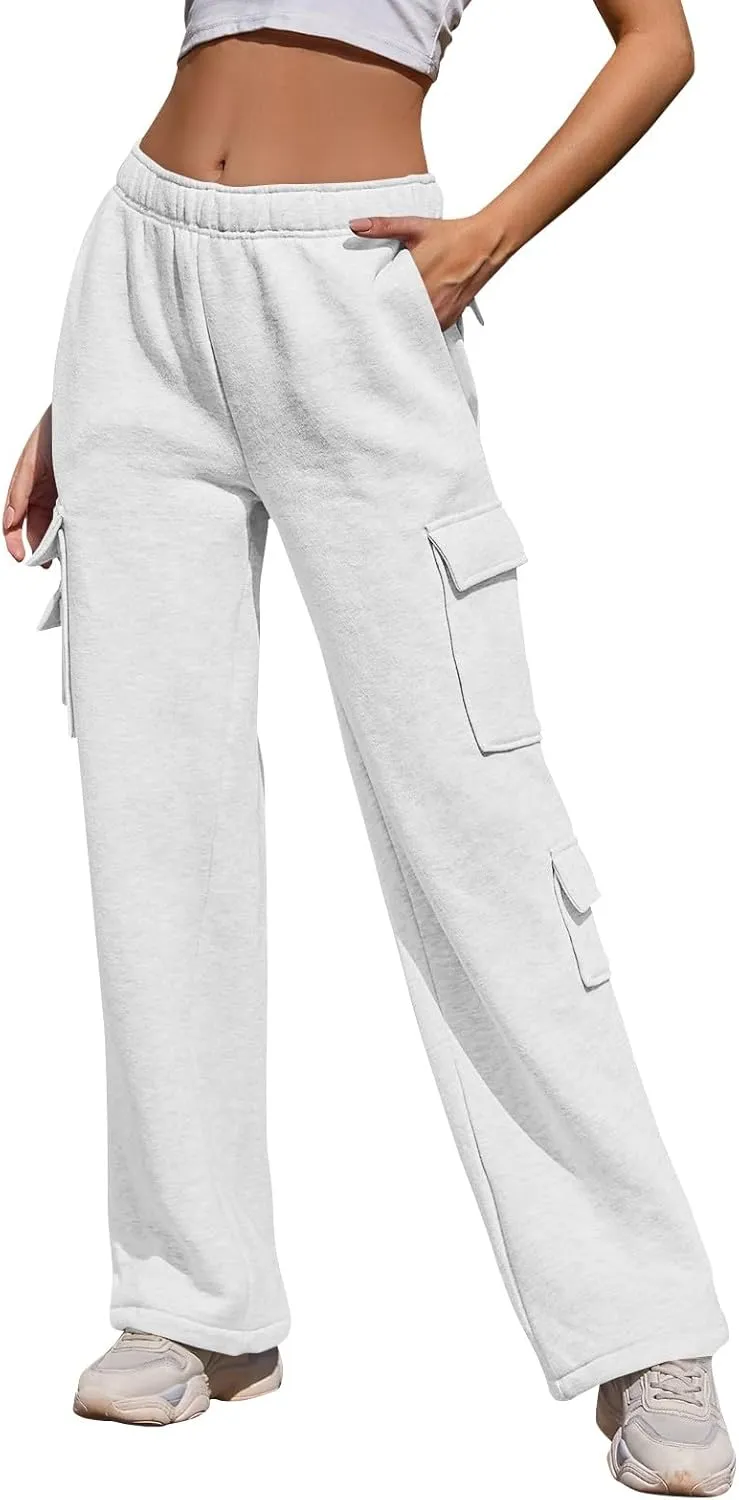 Womens Cargo Sweatpants Casual Fleece Lounge Pants with Pockets Comfy Elastic High Waisted Wide Leg Pants