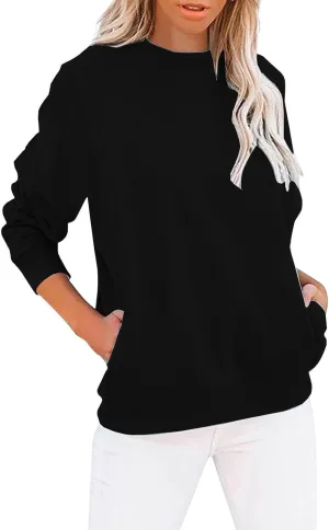 Women's Casual Long Sleeve Shirts Color Block/Solid Blouses Crewneck Sweatshirts Cute Loose Fit Pullovers Tops with Pockets