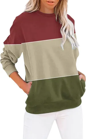 Women's Casual Long Sleeve Shirts Color Block/Solid Blouses Crewneck Sweatshirts Cute Loose Fit Pullovers Tops with Pockets
