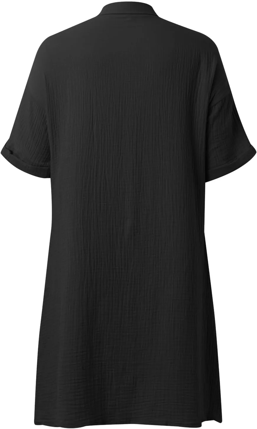 Womens Casual Loose Button Down Shirt Dress Cotton Linen Short Sleeve Fashion Beach Cover Ups Blouse Dress with Pocket