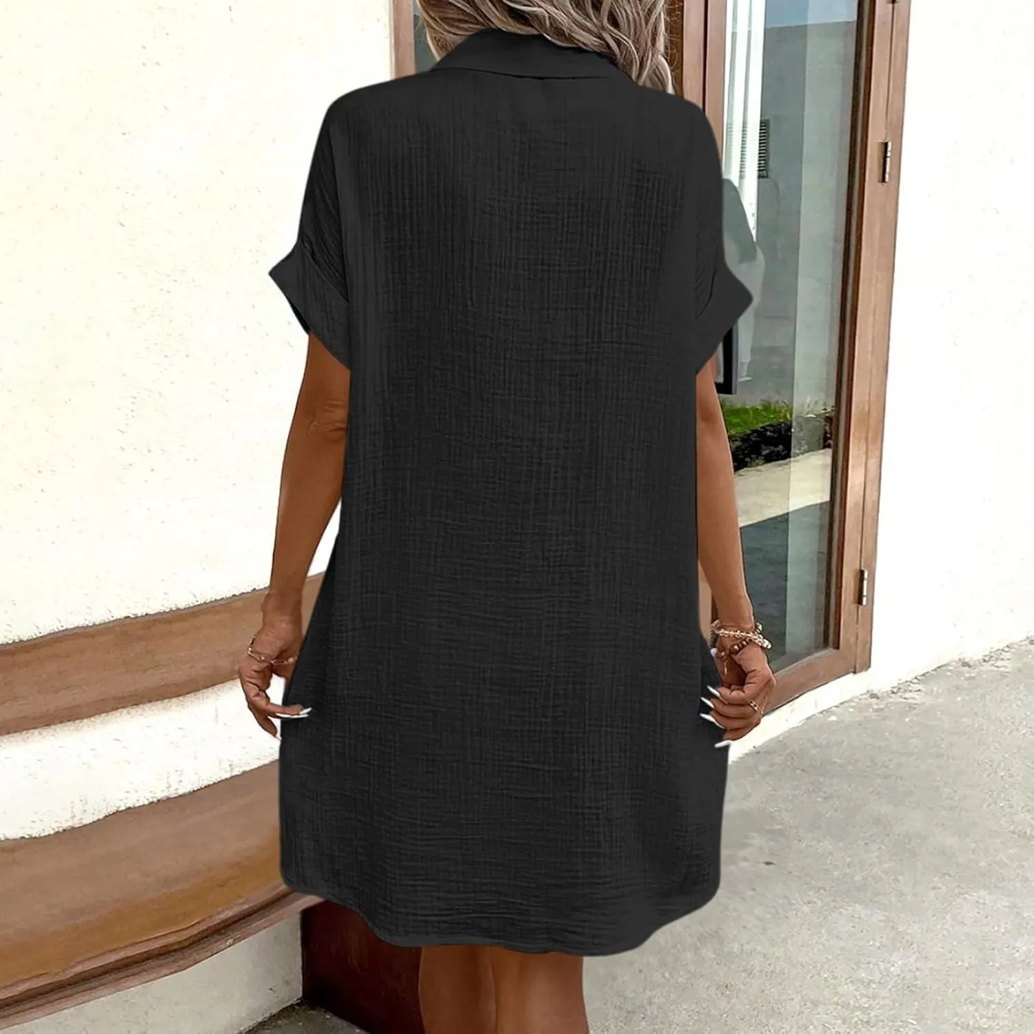 Womens Casual Loose Button Down Shirt Dress Cotton Linen Short Sleeve Fashion Beach Cover Ups Blouse Dress with Pocket