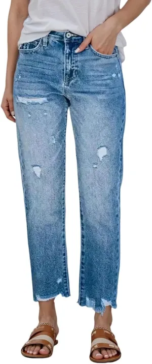 Women's Casual Ripped Jeans Fashion Straight Leg High Waisted Jeans for Women Boyfriend Stretch Slim Fit Denim Pants