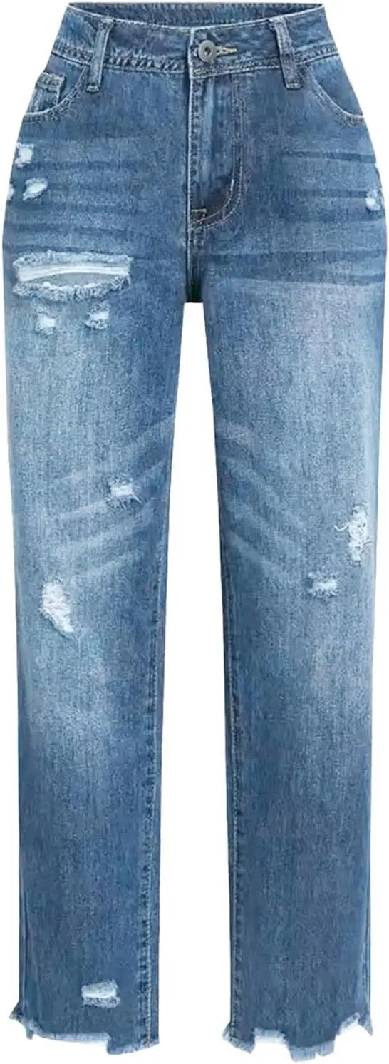Women's Casual Ripped Jeans Fashion Straight Leg High Waisted Jeans for Women Boyfriend Stretch Slim Fit Denim Pants