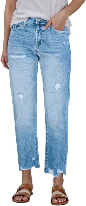Women's Casual Ripped Jeans Fashion Straight Leg High Waisted Jeans for Women Boyfriend Stretch Slim Fit Denim Pants