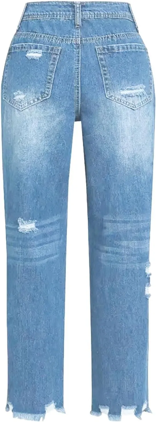 Women's Casual Ripped Jeans Fashion Straight Leg High Waisted Jeans for Women Boyfriend Stretch Slim Fit Denim Pants