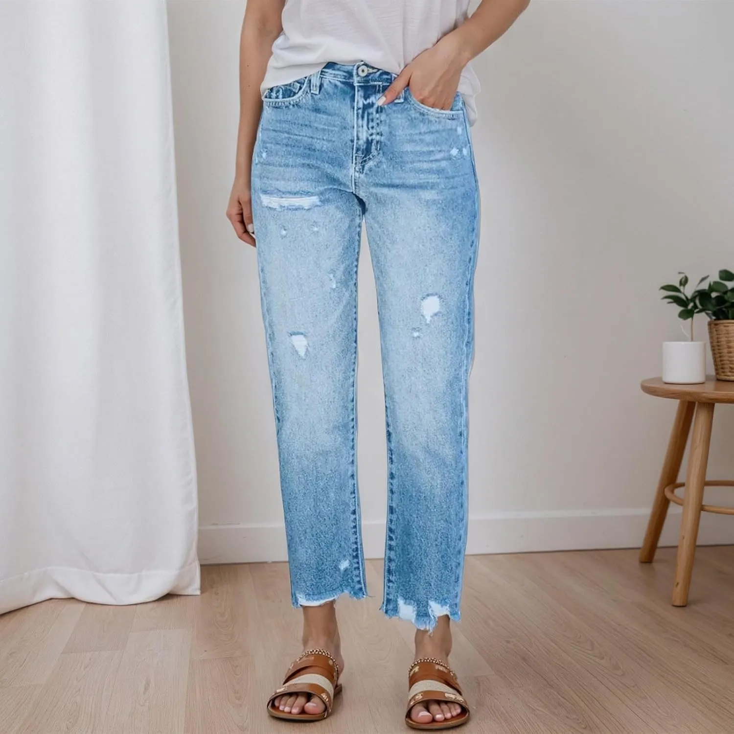 Women's Casual Ripped Jeans Fashion Straight Leg High Waisted Jeans for Women Boyfriend Stretch Slim Fit Denim Pants