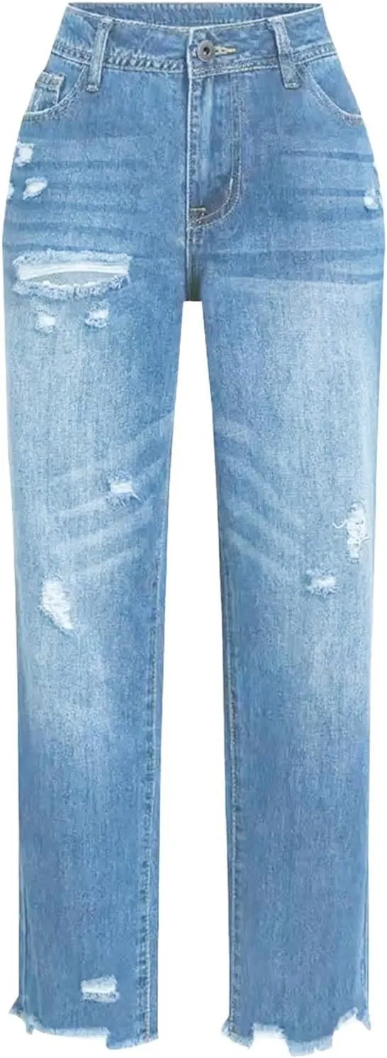 Women's Casual Ripped Jeans Fashion Straight Leg High Waisted Jeans for Women Boyfriend Stretch Slim Fit Denim Pants