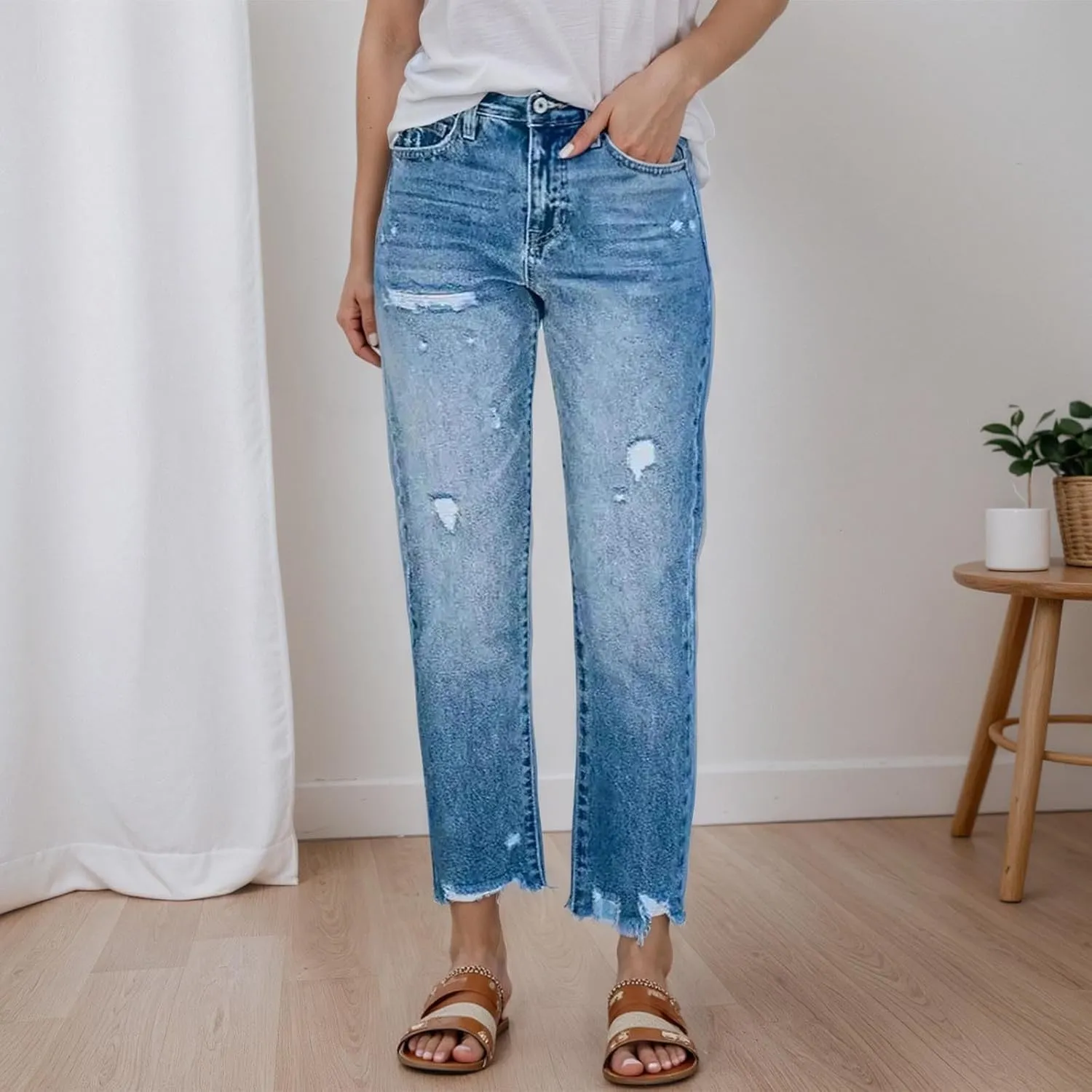 Women's Casual Ripped Jeans Fashion Straight Leg High Waisted Jeans for Women Boyfriend Stretch Slim Fit Denim Pants