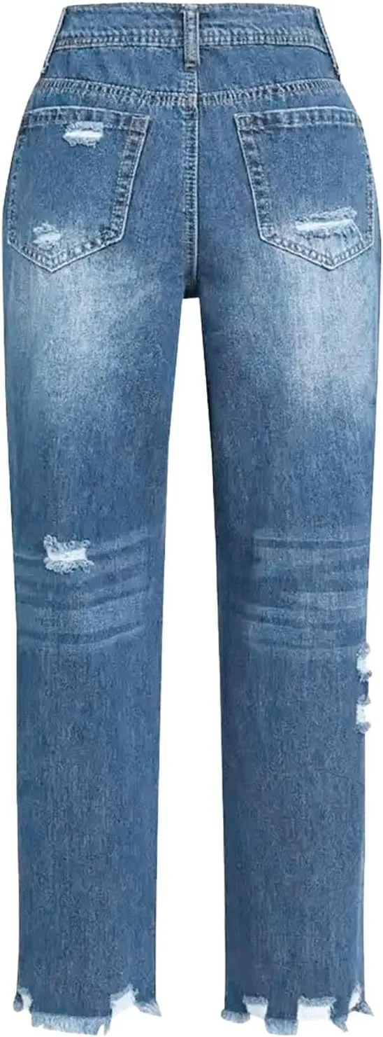 Women's Casual Ripped Jeans Fashion Straight Leg High Waisted Jeans for Women Boyfriend Stretch Slim Fit Denim Pants