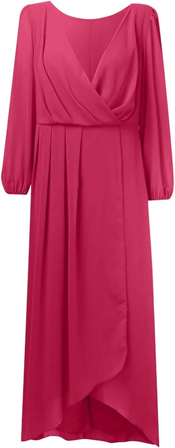 Women's Chiffon Dresses for Women Comfy Plus Size 3/4 Sleeve V Neck Ruffle Swing Midi Dress Petite Girls Night Out Outfits