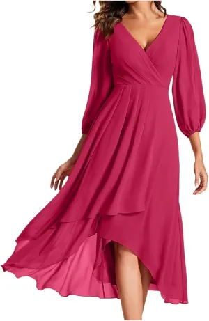 Women's Chiffon Dresses for Women Comfy Plus Size 3/4 Sleeve V Neck Ruffle Swing Midi Dress Petite Girls Night Out Outfits
