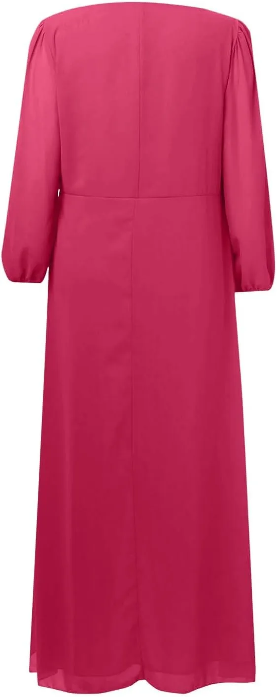 Women's Chiffon Dresses for Women Comfy Plus Size 3/4 Sleeve V Neck Ruffle Swing Midi Dress Petite Girls Night Out Outfits