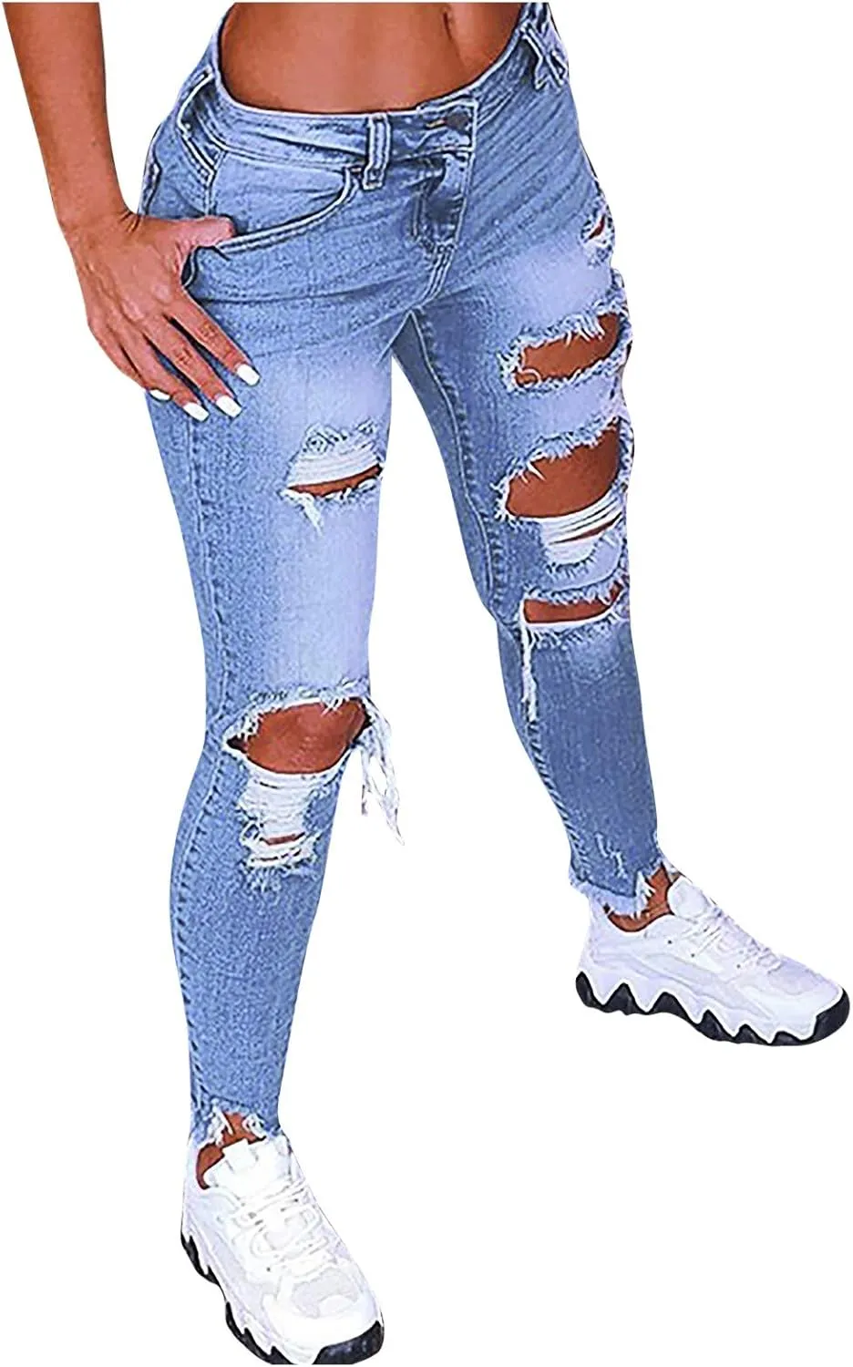 Womens Classic Skinny Jeans Ripped Distressed High Rise Stretch Pull On Butt Lifting Jegging Button Fly Jeans Denim