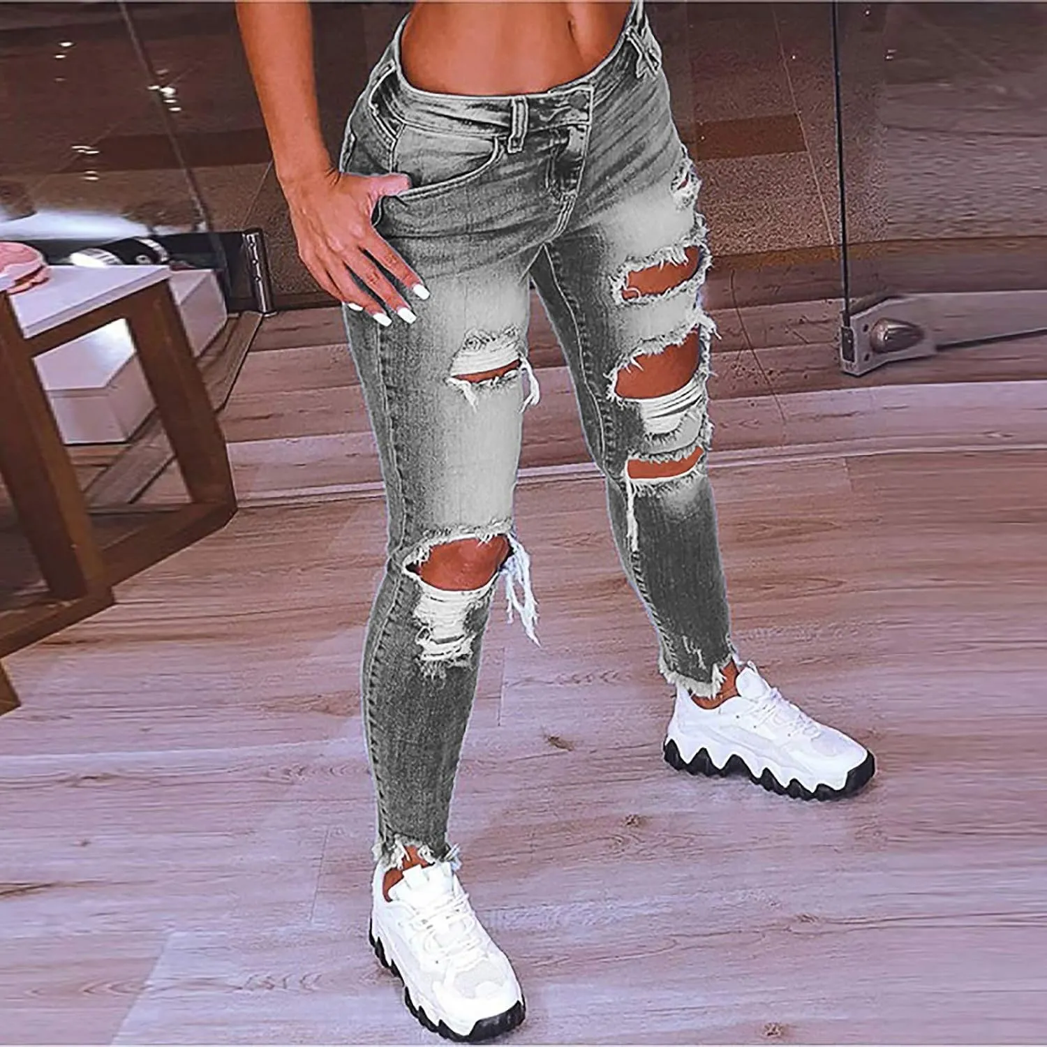 Womens Classic Skinny Jeans Ripped Distressed High Rise Stretch Pull On Butt Lifting Jegging Button Fly Jeans Denim