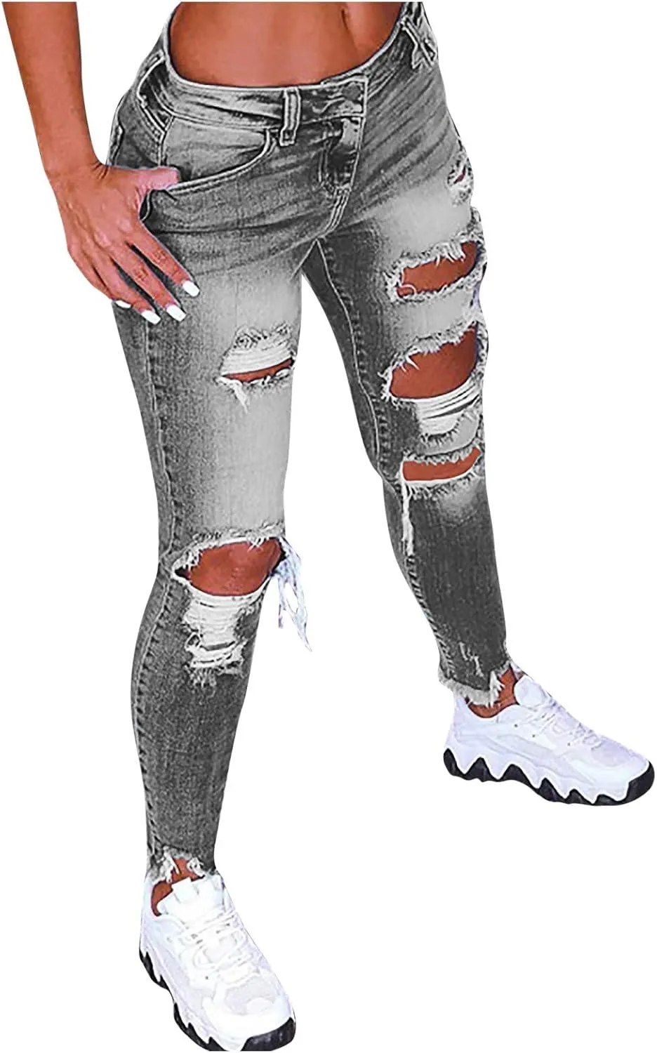 Womens Classic Skinny Jeans Ripped Distressed High Rise Stretch Pull On Butt Lifting Jegging Button Fly Jeans Denim
