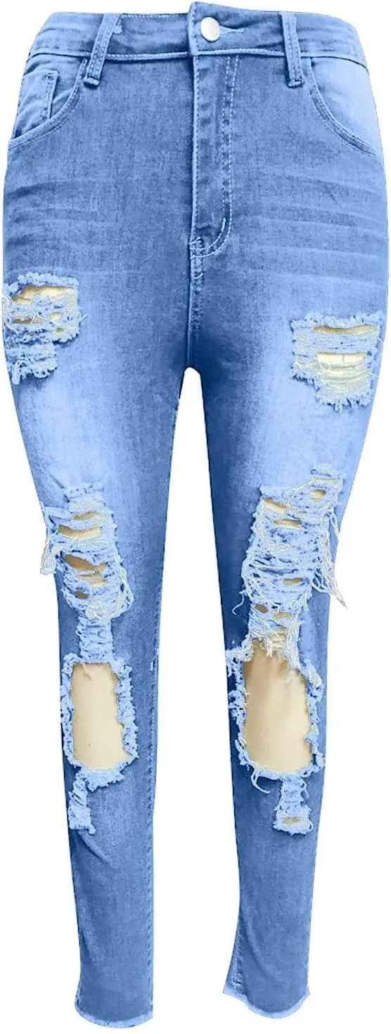 Womens Classic Skinny Jeans Ripped Distressed High Rise Stretch Pull On Butt Lifting Jegging Button Fly Jeans Denim
