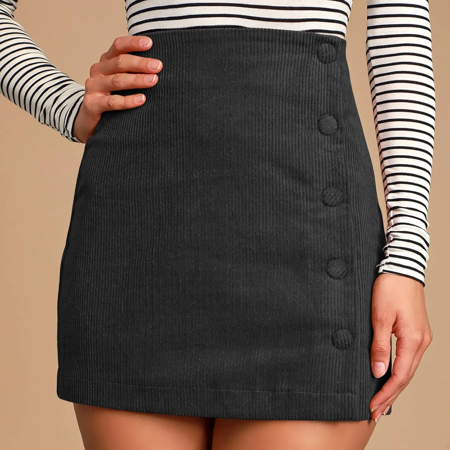 Womens Corduroy High Waist Button Front Skirts A Line Slim Solid Single Breasted Zipper Skirts for Fall Winter Spring