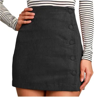 Womens Corduroy High Waist Button Front Skirts A Line Slim Solid Single Breasted Zipper Skirts for Fall Winter Spring
