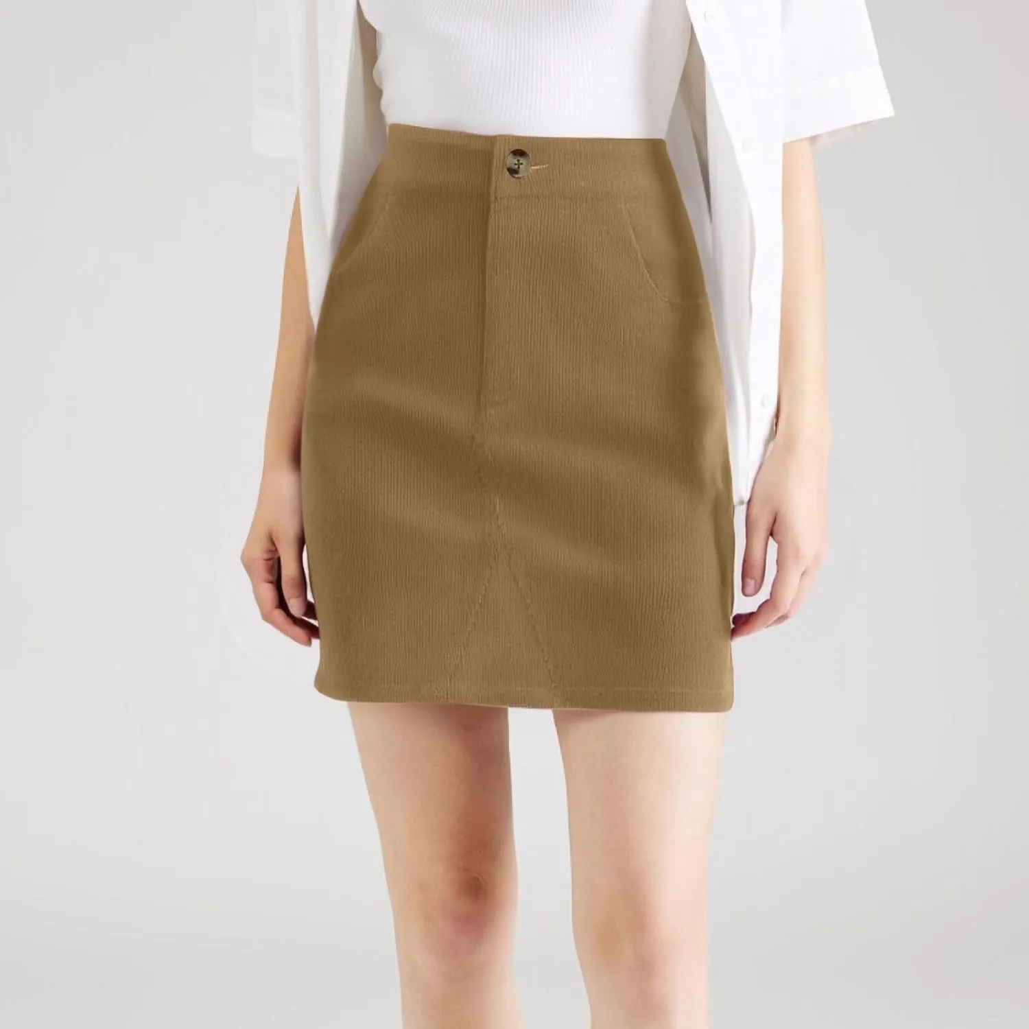 Women's Corduroy Mini Skirt with Pockets Casual High Waisted Button Slim Fit Skirts A-line Bodycon Short Pencil Skirts