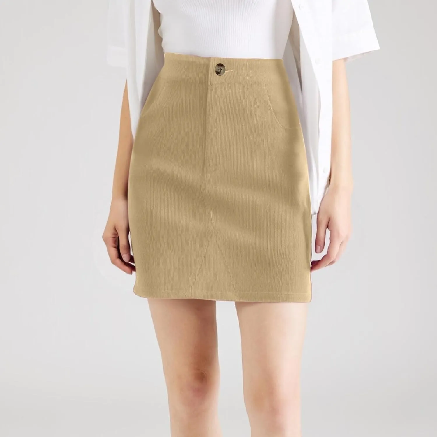 Women's Corduroy Mini Skirt with Pockets Casual High Waisted Button Slim Fit Skirts A-line Bodycon Short Pencil Skirts