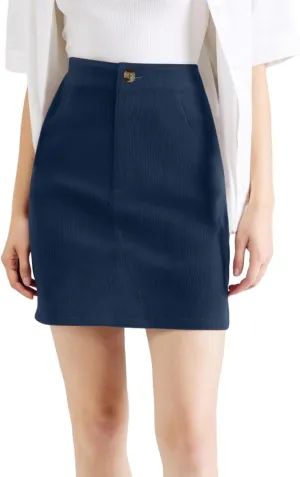 Women's Corduroy Mini Skirt with Pockets Casual High Waisted Button Slim Fit Skirts A-line Bodycon Short Pencil Skirts