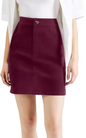 Women's Corduroy Mini Skirt with Pockets Casual High Waisted Button Slim Fit Skirts A-line Bodycon Short Pencil Skirts