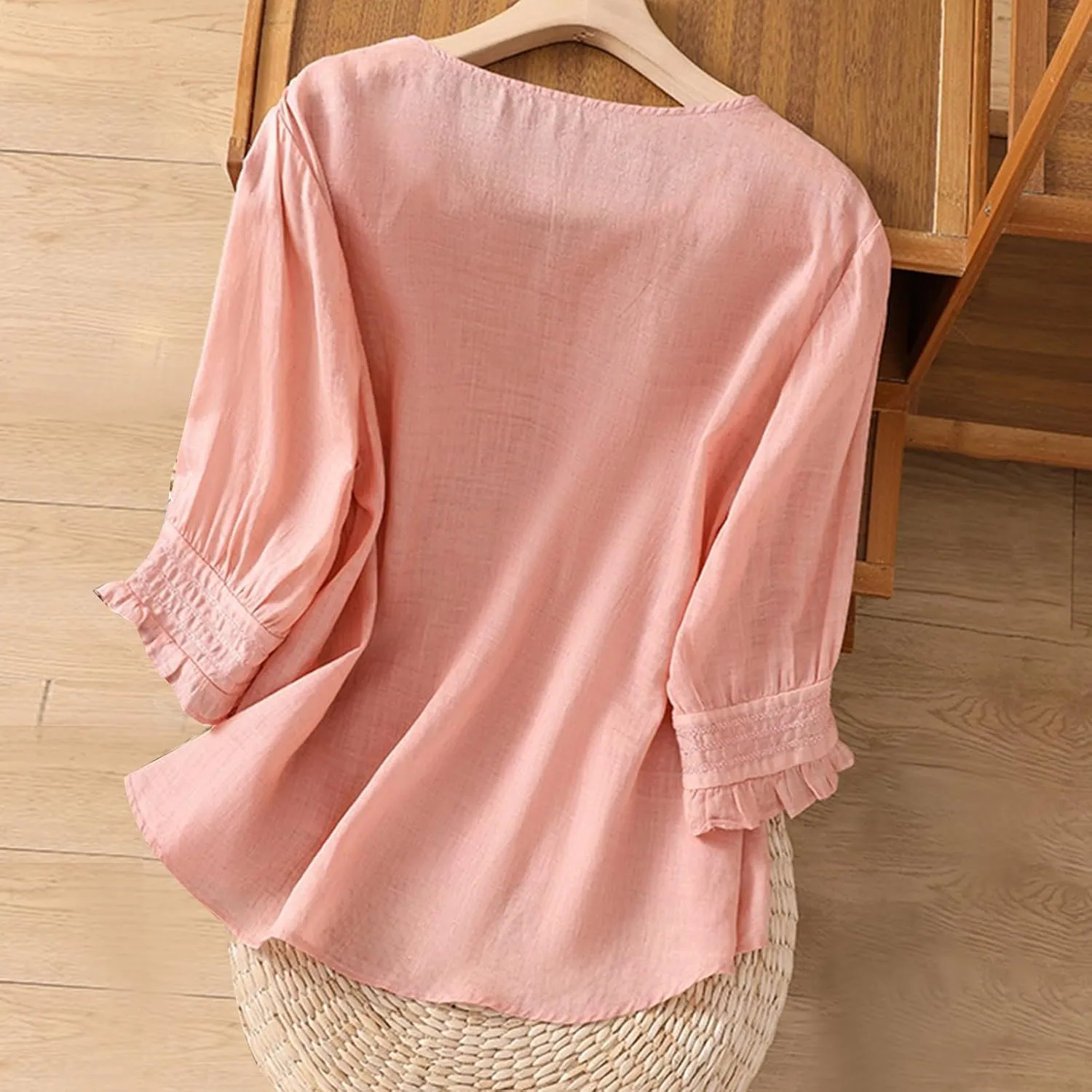 Women's Cotton Linen Embroidered Shirt Tops Boho 3/4 Sleeeve Tunic Top Dressy Elegant Blouse Scoop Neck Flowy Tees
