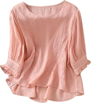 Women's Cotton Linen Embroidered Shirt Tops Boho 3/4 Sleeeve Tunic Top Dressy Elegant Blouse Scoop Neck Flowy Tees