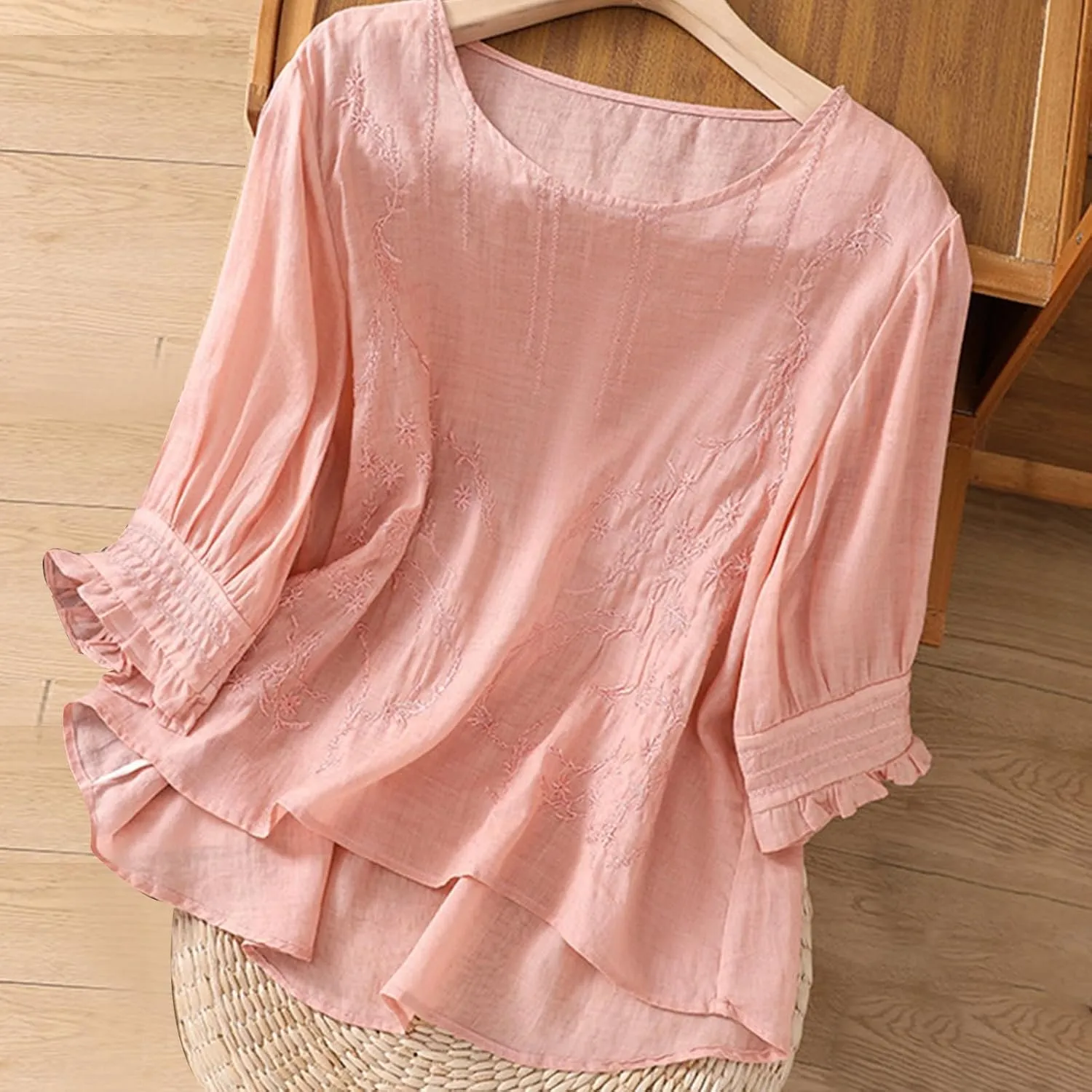 Women's Cotton Linen Embroidered Shirt Tops Boho 3/4 Sleeeve Tunic Top Dressy Elegant Blouse Scoop Neck Flowy Tees