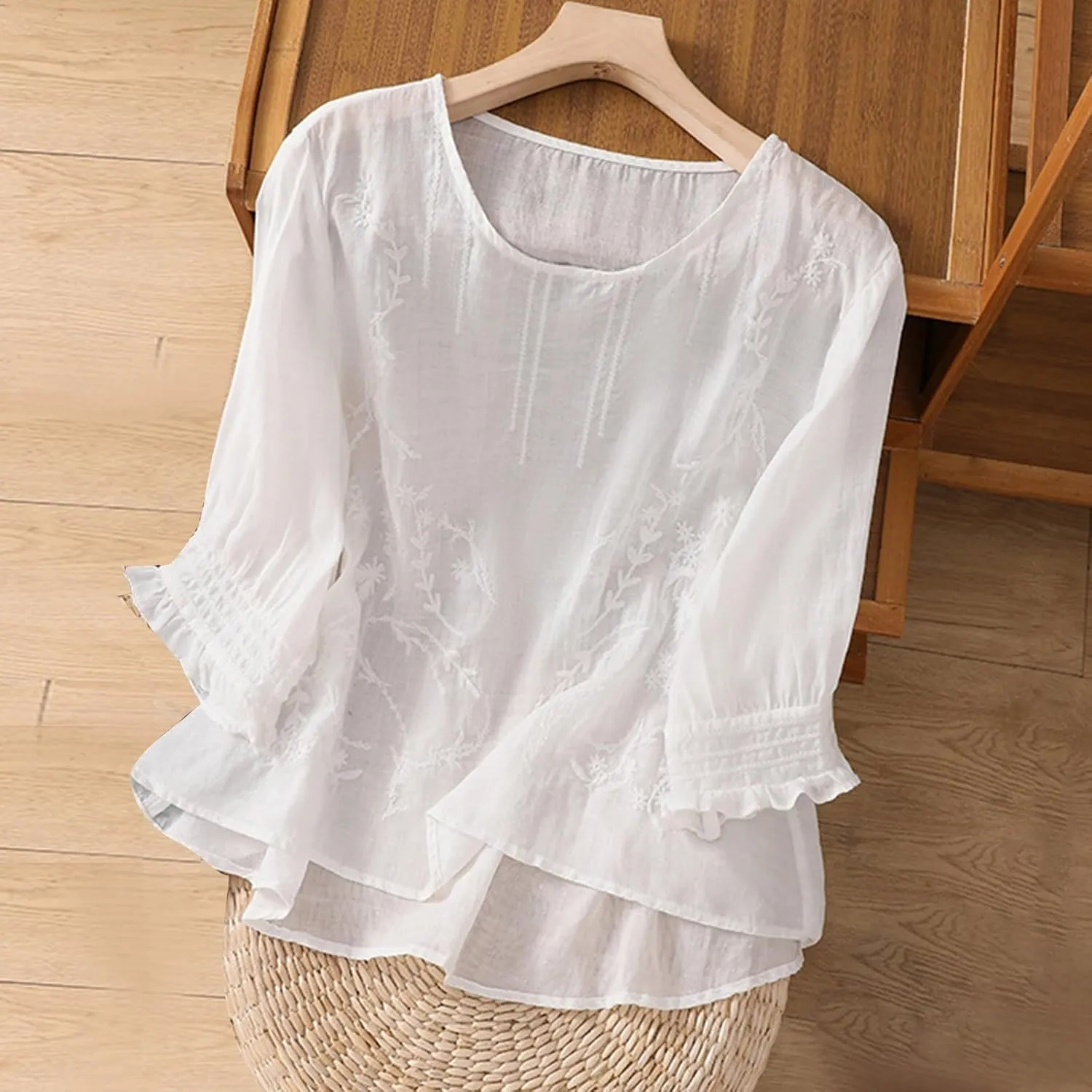 Women's Cotton Linen Embroidered Shirt Tops Boho 3/4 Sleeeve Tunic Top Dressy Elegant Blouse Scoop Neck Flowy Tees