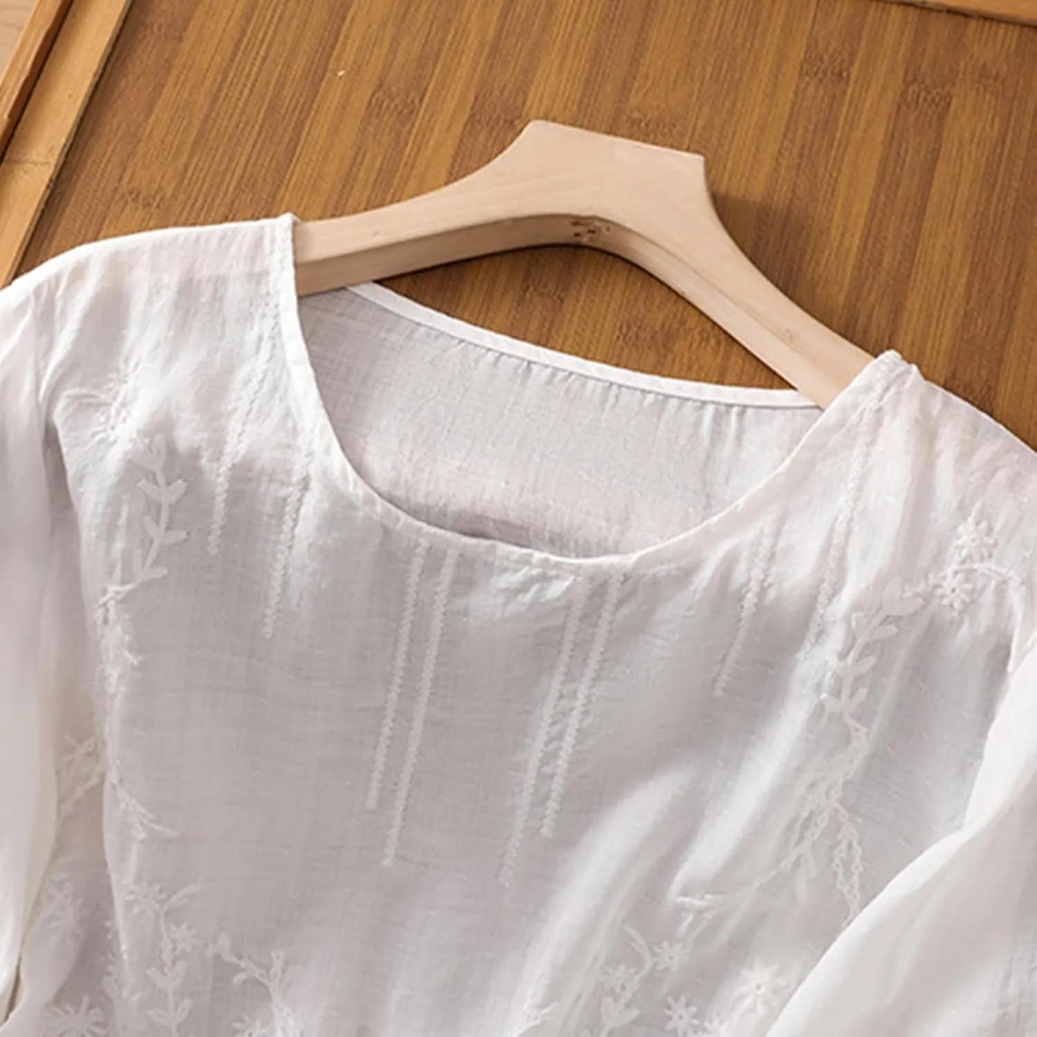 Women's Cotton Linen Embroidered Shirt Tops Boho 3/4 Sleeeve Tunic Top Dressy Elegant Blouse Scoop Neck Flowy Tees