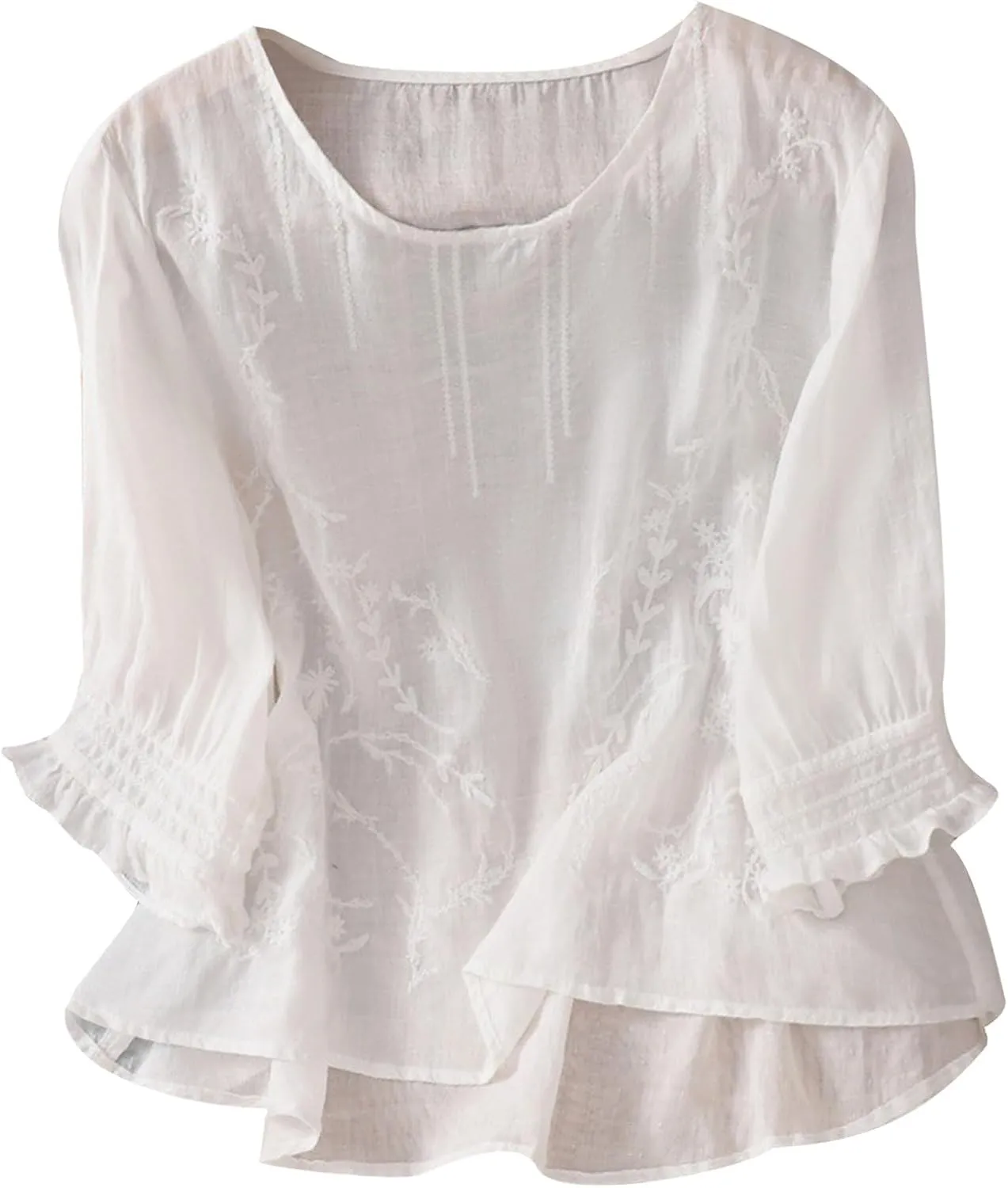 Women's Cotton Linen Embroidered Shirt Tops Boho 3/4 Sleeeve Tunic Top Dressy Elegant Blouse Scoop Neck Flowy Tees