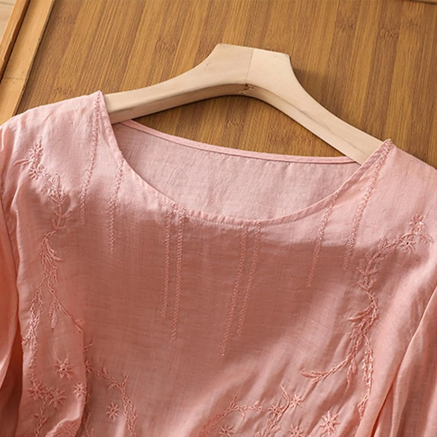 Women's Cotton Linen Embroidered Shirt Tops Boho 3/4 Sleeeve Tunic Top Dressy Elegant Blouse Scoop Neck Flowy Tees